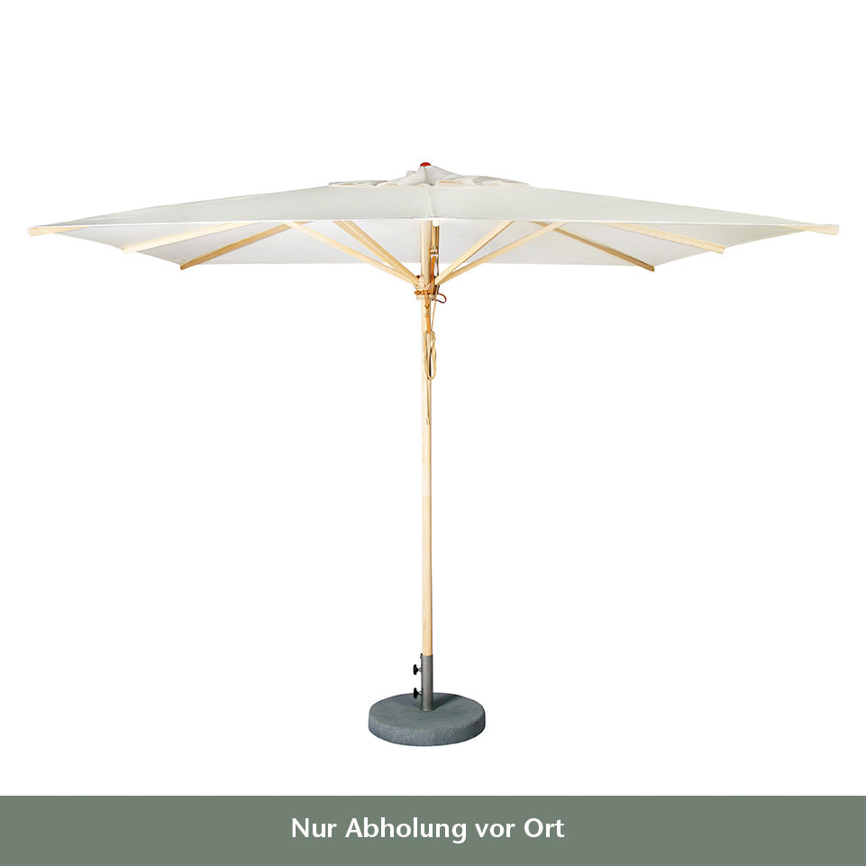 Ein großer weißer Weishäupl quadratischer Sonnenschirm 'Klassiker Natur' (300 x 300 cm) mit Acryltuch, Hartholzgestell und rundem grauen Sockel steht vor weißem Hintergrund. Unten steht: Nur Abholung vor Ort (Pickup only on site).