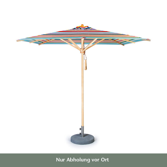 Ein Weishäupl | Acryltuch Sonnenschirm 'Klassiker Multicolor' mit Flaschenzug & Knick Ø 250 cm steht auf einem weißen Hintergrund. Darunter befindet sich ein grauer Balken mit deutschem Text: Nur Abholung vor Ort, also Pick up on site only.