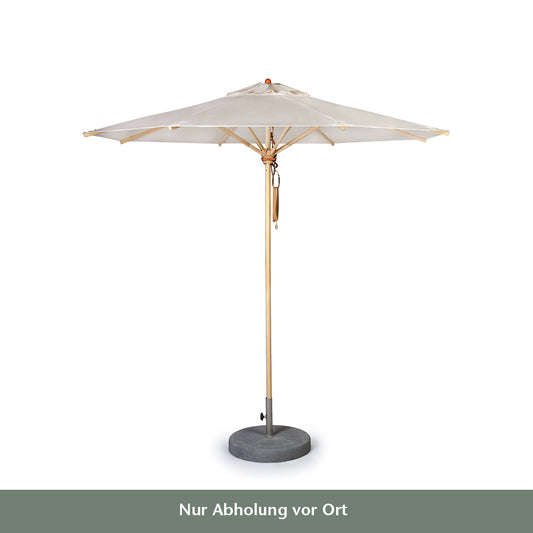 Ein Weishäupl Acryltuch Sonnenschirm 'Klassiker Natur' (Ø 250 cm) mit Hartholzstange und rundem grauen Sockel. Deutscher Text: "Nur Abholung vor Ort".