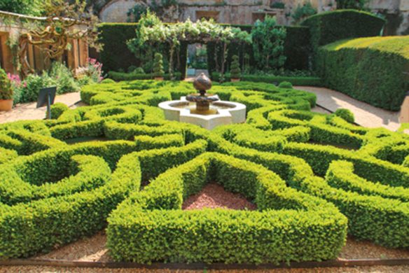Inspiriert von der englischen Gartenkunst bietet "Gärtnern wie Gott in England" aus dem Callwey Verlag detaillierte Anleitungen und inspirierende Bilder für die Gestaltung formaler Gärten mit gestutzten Hecken, Kieswegen und symmetrischen Formen um einen zentralen Brunnen.