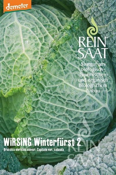 Nahaufnahme eines grünen Wirsingblatts mit Wassertropfen. Deutscher Text wirbt für Reinsaat | Wirsing 'Winterfürst 2' Saatgut von Reinsaat als biologisch angebaut mit feingekräuselten Köpfen.