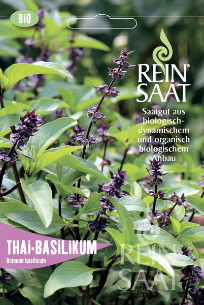 Eine ReinSaat | Thai-Basilikum-Packung von Reinsaat zeigt üppig grünblättrige, violett gestielte Pflanzen. Auf dem Etikett steht "aromatische Würze" und dass die Bio-Samen biodynamisch angebaut werden. Beschriftet mit Thai-Basilikum, Ocimum basilicum.