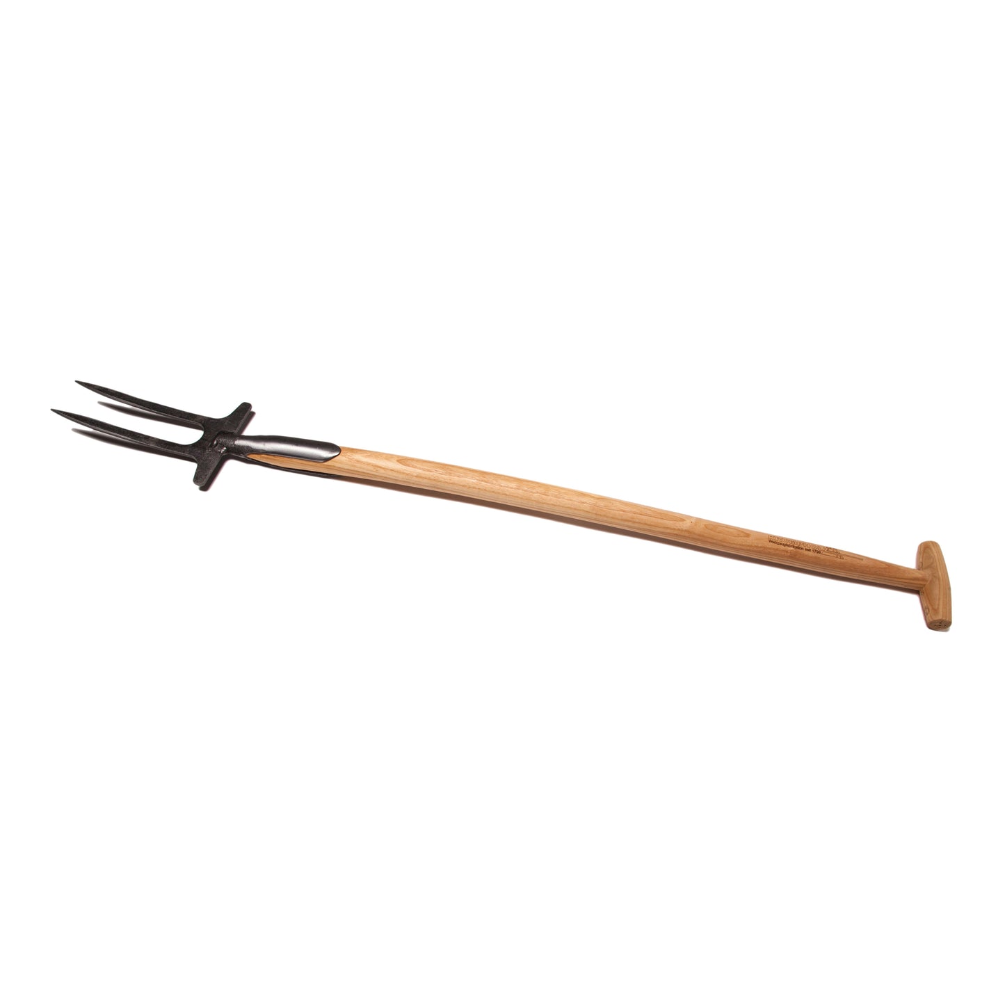 Die Krumpholz | Rosengabel 90cm 1081, eine dreizinkige Mistgabel mit langem Eschen T-Stiel und 90cm Stiel, ist isoliert auf weißem Hintergrund abgebildet.