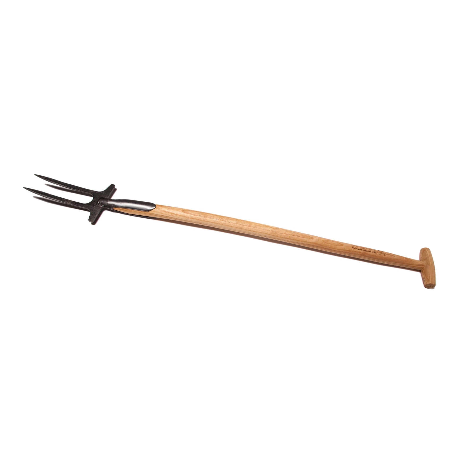 Die Krumpholz | Rosengabel 90cm 1081, eine dreizinkige Mistgabel mit langem Eschen T-Stiel und 90cm Stiel, ist isoliert auf weißem Hintergrund abgebildet.