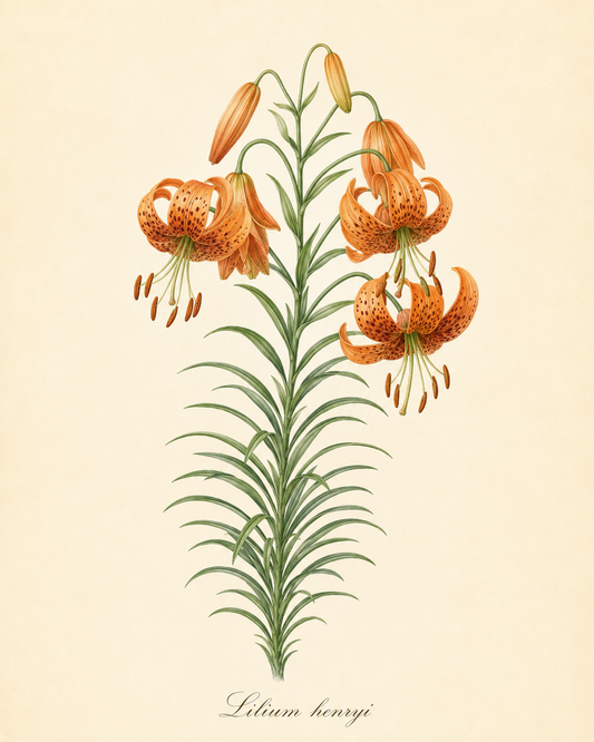 Eine botanische Illustration einer orangefarbenen Lilium henryi – Henrys Lilie oder Riesen-Türkenbund von Weijers, die gesprenkelte Blütenblätter und üppig grüne Blätter an hohen Stielen vor einem hellbeigen Hintergrund zeigt. Diese krankheitsresistente Lilien-Sorte von Weijers ist bekannt für ihre leuchtend orangefarbenen Blüten im Juli und August.