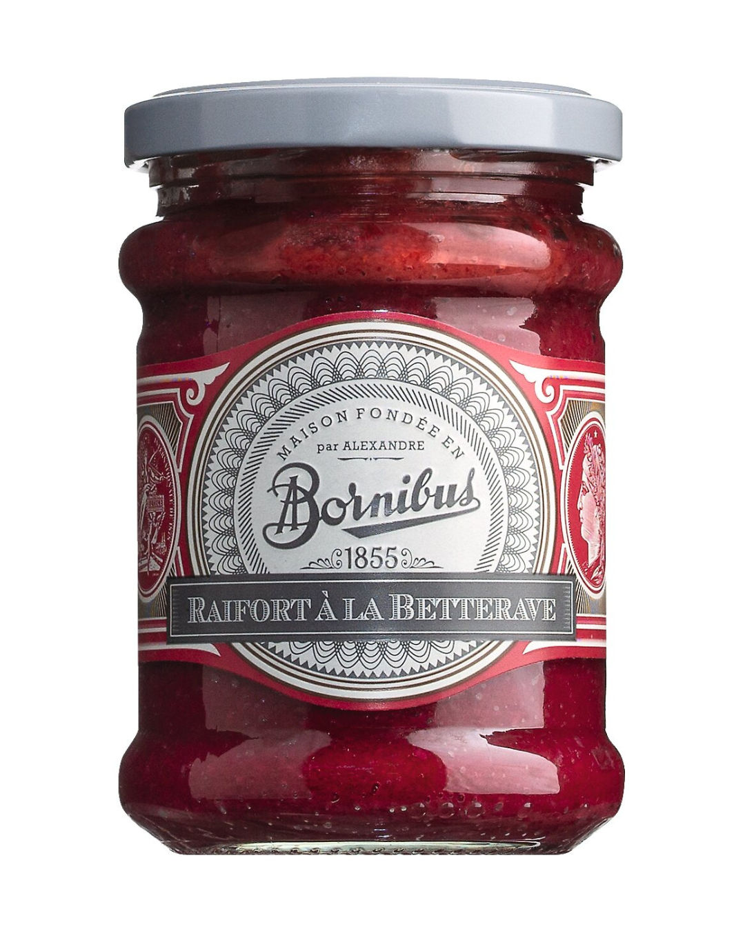 Ein 250-g-Glas mit Bornibus Meerrettich mit Roter Bete, einer veganen Spezialität, hat einen tiefroten Inhalt und ein rot-silbernes Schmucketikett mit französischem Text, das mit einem silbernen Deckel verschlossen ist.