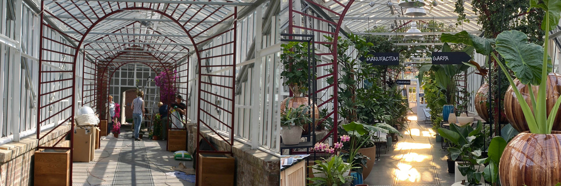 Ein geteiltes Bild zeigt das verglaste, rot gerahmte Gewächshaus der Königlichen Gartenakademie während der Veranstaltung "Mi. 29.04.2026 | 17.00-18.00 FÜHRUNG Lustwandeln" mit Gabriella Pape - die eine Ansicht zeigt Menschen auf dem Rundgang, die andere lebendige Pflanzen und einen sonnenbeschienenen Weg.