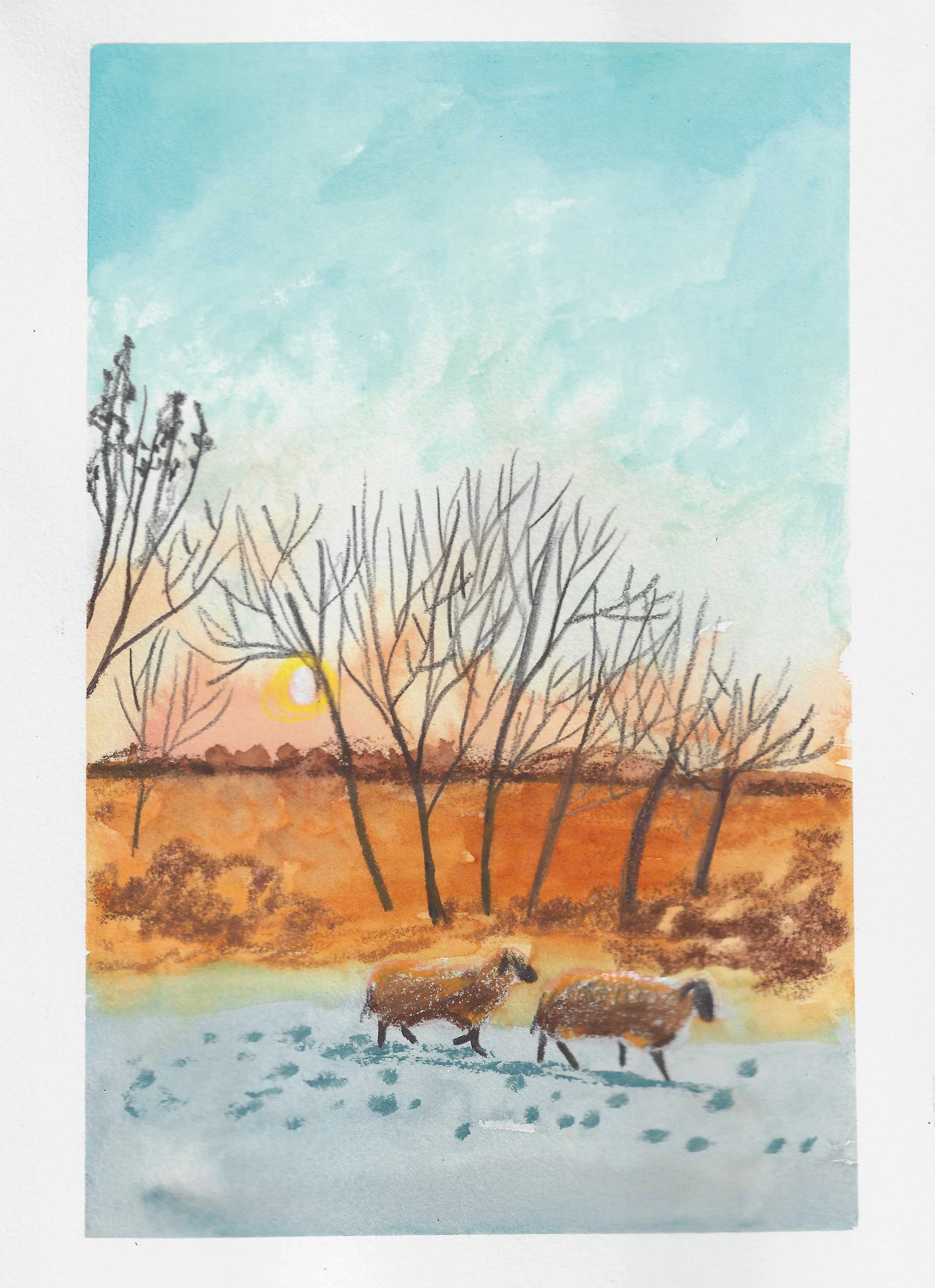 Zwei Schafe spazieren auf einem verschneiten Weg unter kahlen Bäumen, der pastellfarbene Himmel leuchtet orange, als wäre er mit Aquarellfarben gemalt - so wie beim "AQUARELL WORKSHOP Weihnachtskarten mit Aquarellfarben" in der Königlichen Gartenakademie am 06.11.2026.