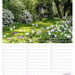 Ein üppig blühender Garten mit Rhododendren und Tulpen, eine weiße Bank im Schatten hoher Bäume. Der Geburtstagskalender Karl Foerster von Monumente Publikationen bezeichnet den Monat Mai am unteren Rand.