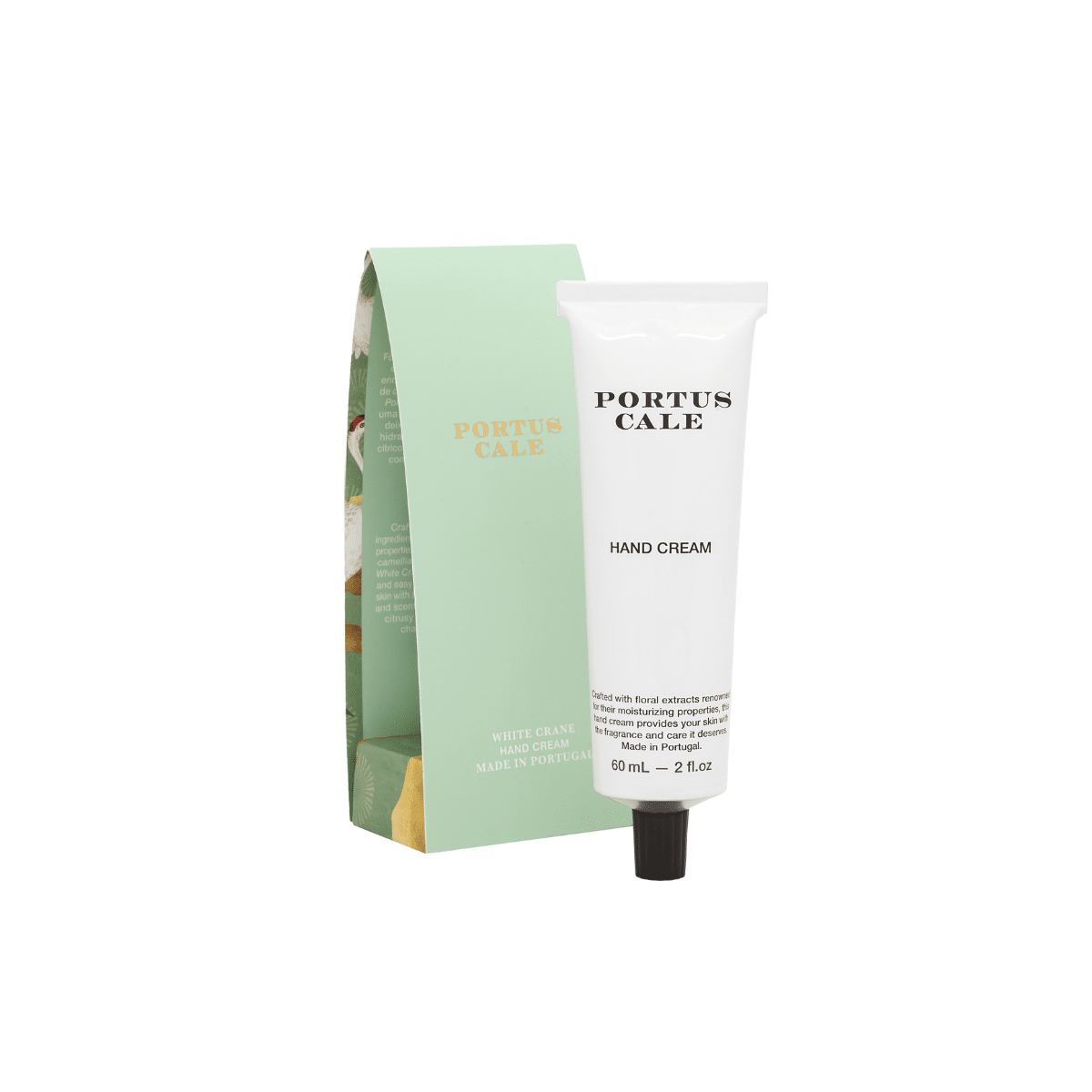 Eine weiße Tube Castelbel Handcreme White Crane Yuzu, Vetiver & Mandarinenduft (60 ml) mit schwarzer Schrift steht neben ihrer mintgrünen, gemusterten Schachtel. Diese luxuriöse Handpflege spendet Feuchtigkeit und duftet elegant.