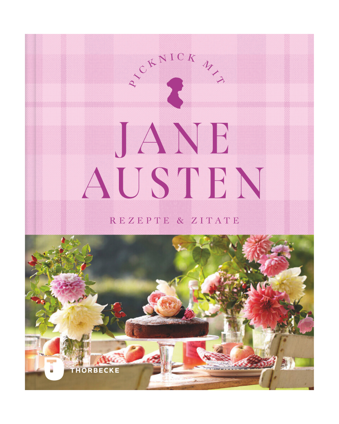 Das Buch "Picknick mit Jane Austen | Rezepte & Zitate" aus dem Patmos Verlag erinnert mit seinem pinkfarbenen, karierten Einband und einer Tischszene im Freien an Jane Austens Picknicks und den Charme der englischen Teekultur.