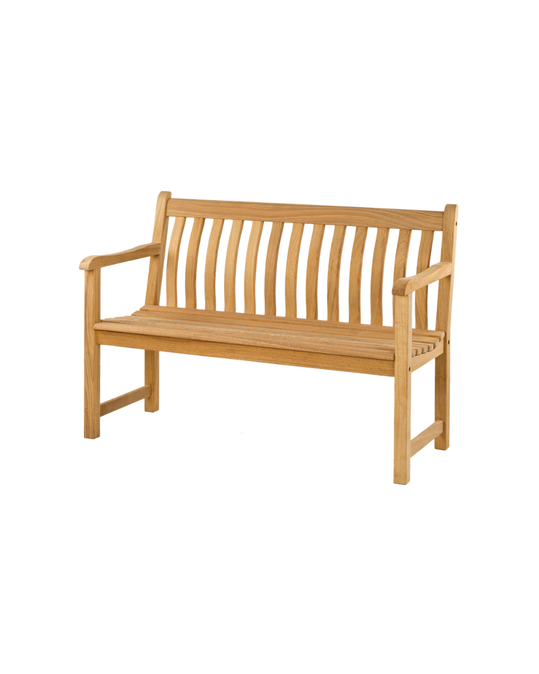 Die Alexander Rose 'Roble Wood Broadfield Bench' Gartenbank 122 cm ist aus robustem Roble-Holz gefertigt und verfügt über Armlehnen sowie eine Rückenlehne und eine Sitzfläche mit Lattenrost - ideal für den Einsatz im Freien. Abgebildet auf einem weißen Hintergrund.