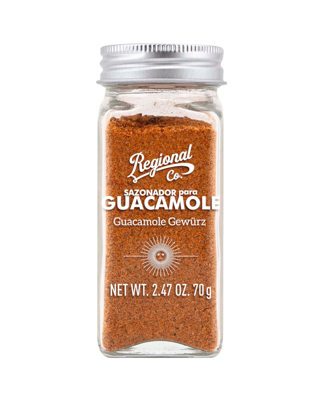 Ein klares Glas mit silbernem Deckel enthält 70 g Viani | Guacamole Gewürzmischung. Das weiße Etikett zeigt die Marke Viani - ideal, um Ihre Guacamole oder Ihren Avocado-Dip mit spanischen Aromen zu verfeinern. NETTOGEWICHT. 2.47 OZ (70 g).