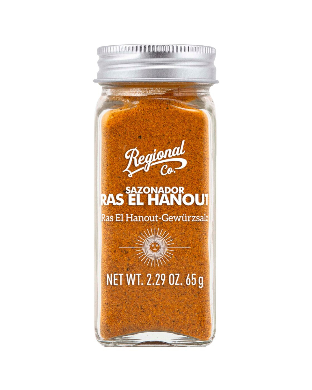 Ein Klarglasgefäß mit silbernem Deckel enthält orange-braunes Viani | Ras El Hanout Gewürzsalz (65 g), eine orientalische Gewürzmischung für die nordafrikanische Küche. Auf dem Etikett sind die Marke Viani, der Produktname und das Gewicht in deutscher und spanischer Sprache angegeben.