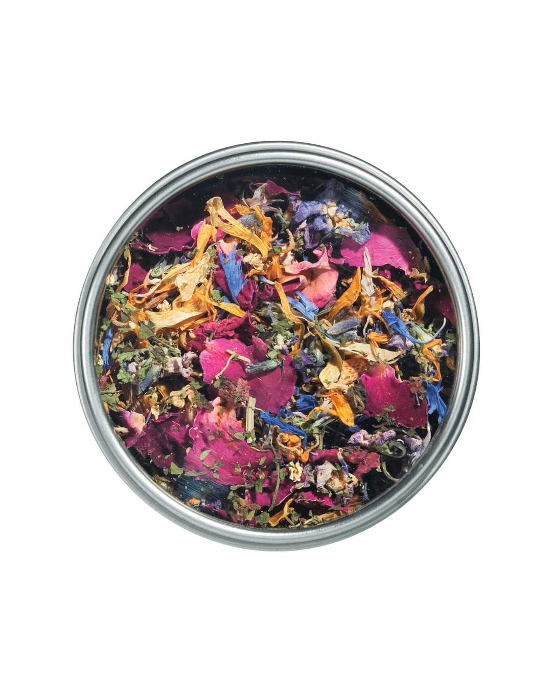 Die runde Metalldose von Viani | 'Mélange de fleurs' Blütenmischung zeigt bunte essbare Blumen und Kräuter in Rosa, Gelb, Blau und Grün - perfekt für dekorative Akzente - von oben betrachtet auf weißem Hintergrund.
