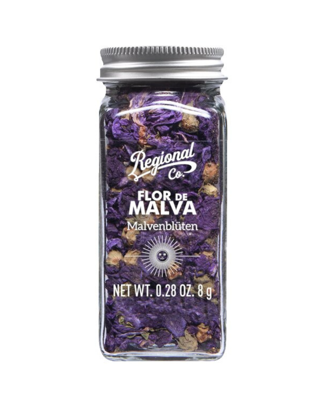 Ein Klarglasgefäß mit silbernem Deckel und der Aufschrift Viani | Essbare Malvenblüten 8 g enthält getrocknete Malvenblüten von Viani. Auf der Vorderseite ist das Nettogewicht von 8 g (0,28 oz) aufgedruckt.