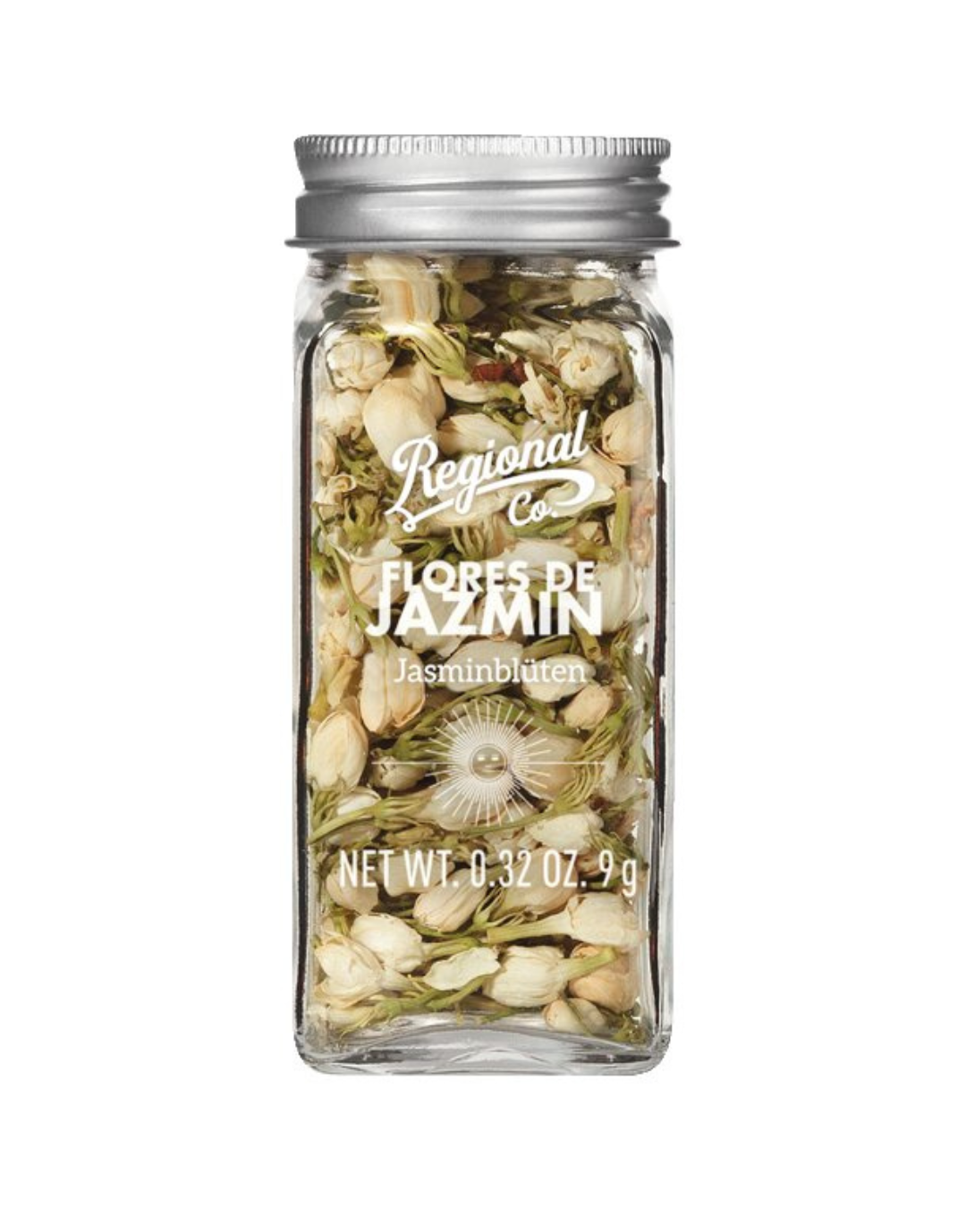Ein klares Glas mit einem silbernen Deckel enthält Viani | Jasminblüten 9 g, perfekt für Jasmintee oder Blumenaufgüsse. Das Etikett zeigt die Marke Viani und NET WT 0.32 OZ / 9g.