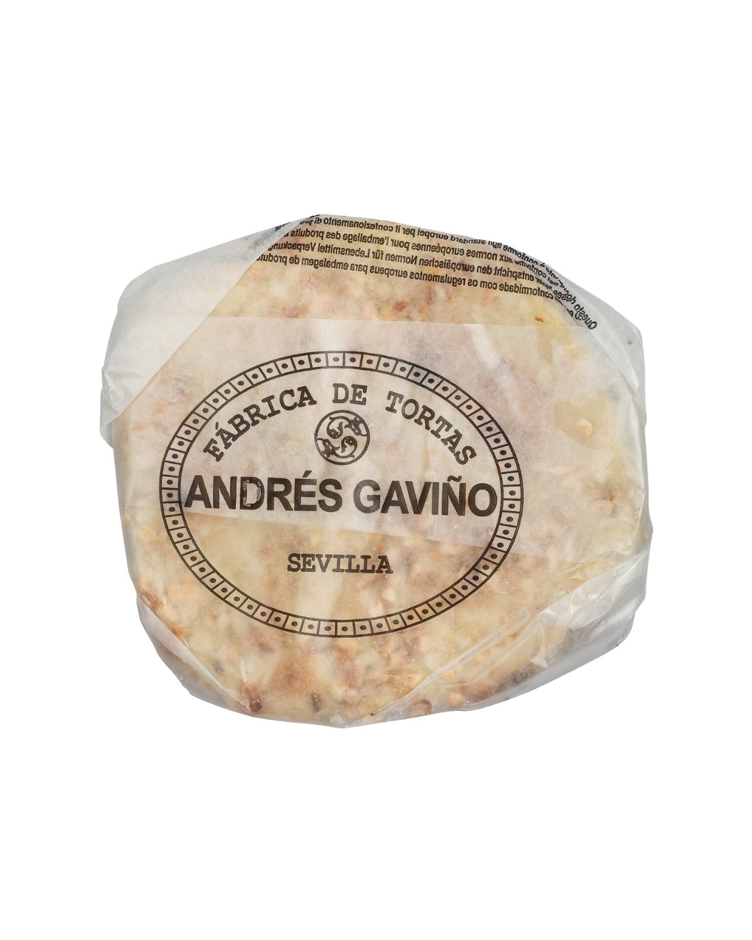 Ein rundes spanisches Mandelgebäck, Viani | „6 Tortas de Almendras“ – Gebäck mit Olivenöl und Mandeln, 210 g, verpackt in durchscheinendem Papier mit dem Viani-Logo auf der Verpackung.
