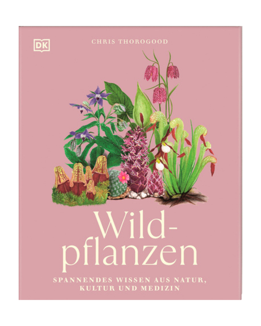 Das Buchcover von "Wildpflanzen | Spannendes Wissen aus Natur, Kultur und Medizin" aus dem DK Verlag zeigt farbenfrohe Pflanzenporträts auf rosafarbenem Hintergrund, während der deutsche Text den botanischen und kulturellen Schwerpunkt hervorhebt.