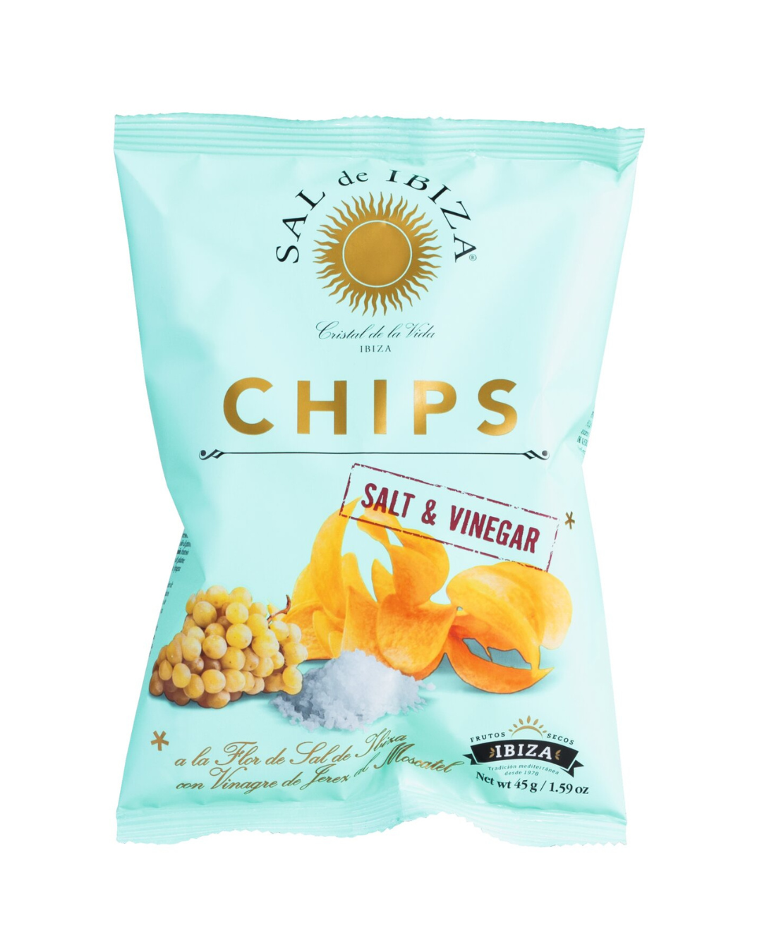Auf einer türkisfarbenen Tüte „Viani Chips Salz & Essig“ (Kartoffelchips mit Salz und Essig, 45 g) sind Kartoffelchips, Salz, Kichererbsen und das goldene Sonnenlogo abgebildet; der Schriftzug „Kartoffelchips Salz und Essig“ ist zu sehen, und unten rechts ist das Nettogewicht von 45 g angegeben.