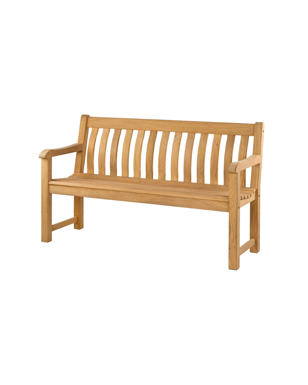 Die Gartenbank „Roble St Georges“ von Alexander Rose (150 cm) verfügt über eine Rückenlehne und eine Sitzfläche aus Latten sowie Armlehnen und eine natürliche, helle Holzoptik – fachmännisch gefertigt und vor einem weißen Hintergrund präsentiert.