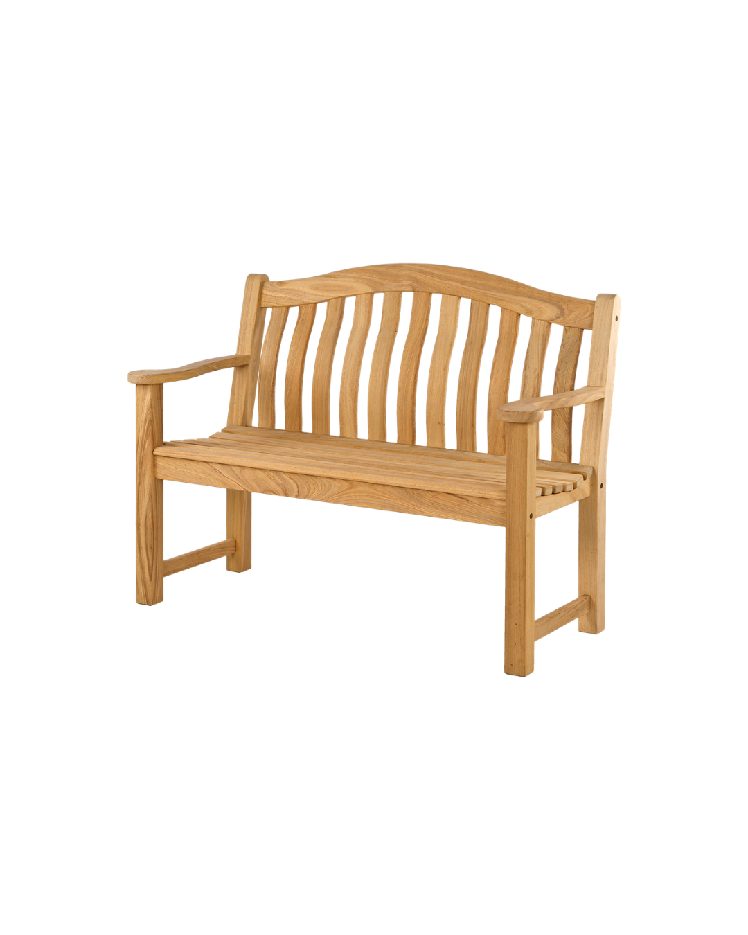 Die Gartenbank „Roble Wood Turnberry“ von Alexander Rose (129 cm) zeichnet sich durch eine geschwungene Rückenlehne mit Lattenrost, Armlehnen und ein klassisches Design im englischen Gartenstil aus und ist hier vor einem schlichten weißen Hintergrund abgebildet.