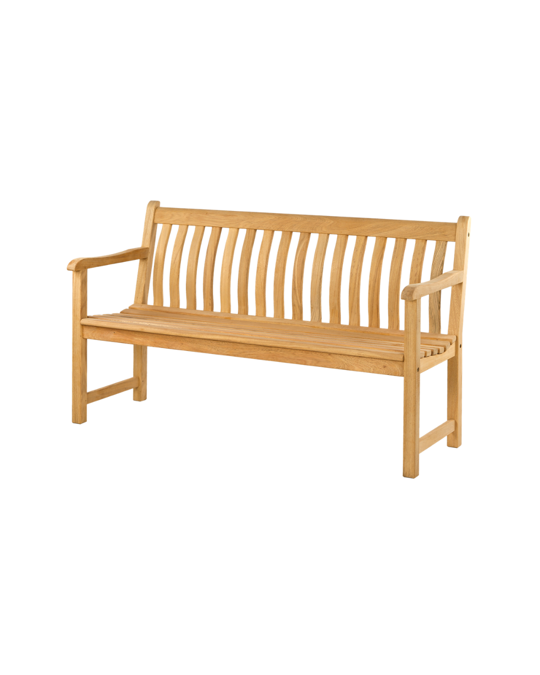 Die Gartenbank „Roble Wood Broadfield Bench“ von Alexander Rose (146 cm) verfügt über eine Rückenlehne und eine Sitzfläche aus Latten, zwei Armlehnen sowie eine natürliche Oberfläche und ist aus Hartholz gefertigt; abgebildet vor weißem Hintergrund.