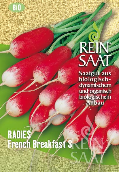 Eine Packung Reinsaat | Radies 'French Breakfast 3' Samen von Reinsaat. Das Bild zeigt zylindrische rote Radieschen mit weißen Spitzen und grünen Köpfen. Der deutsche Text beschreibt diese schnell wachsende Sorte und ihren ökologischen Anbau.