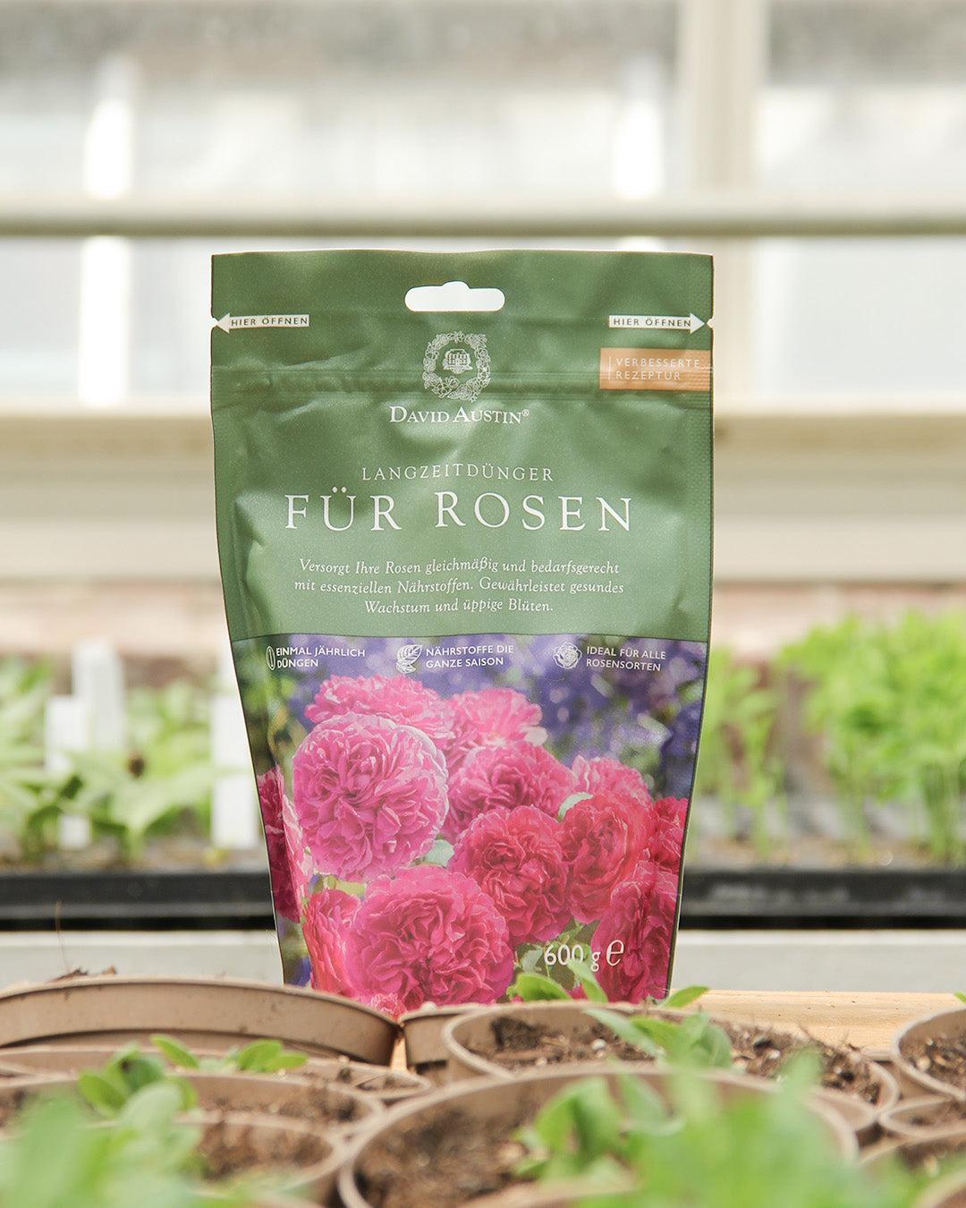 Ein grüner und rosafarbener 600-g-Beutel David Austin | Langzeitdünger für Rosen liegt auf einem Tisch in einem Gewächshaus, umgeben von Topfpflanzen und Setzlingen - perfekt für gesundes Rosenwachstum und starke Wurzeln.