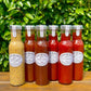 Sechs Glasflaschen mit verschiedenen Saucen von Wilkin & Sons, darunter die Tiptree Honig-Senf-Sauce (260 ml), stehen in einer Reihe auf einer Holzunterlage. Jede Flasche hat einen silbernen Verschluss und ein weißes Etikett und enthält Sorten wie Ketchup und Senf. Dahinter bilden üppige, grüne Blattpflanzen einen lebendigen Hintergrund.