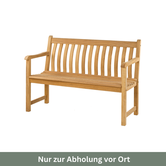 Die Gartenbank „Roble Wood Broadfield Bench“ von Alexander Rose (122 cm) verfügt über eine Rückenlehne und eine Sitzfläche aus Latten sowie Armlehnen auf beiden Seiten. Nur zur Abholung vor Ort.