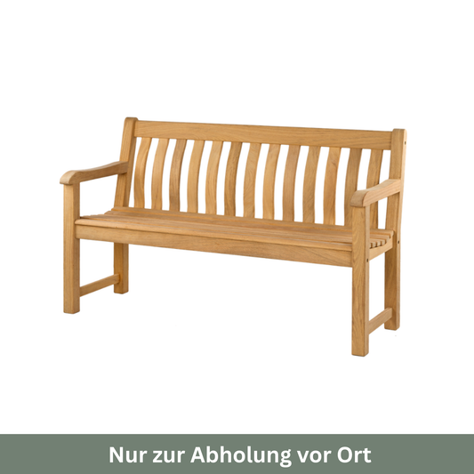 Eine Gartenbank „Roble St Georges Bench“ von Alexander Rose (150 cm) mit Armlehnen und einer Rückenlehne aus Latten ist vor einem weißen Hintergrund abgebildet. Auf einem grauen Banner darunter steht der deutsche Text: „Nur zur Abholung vor Ort“.