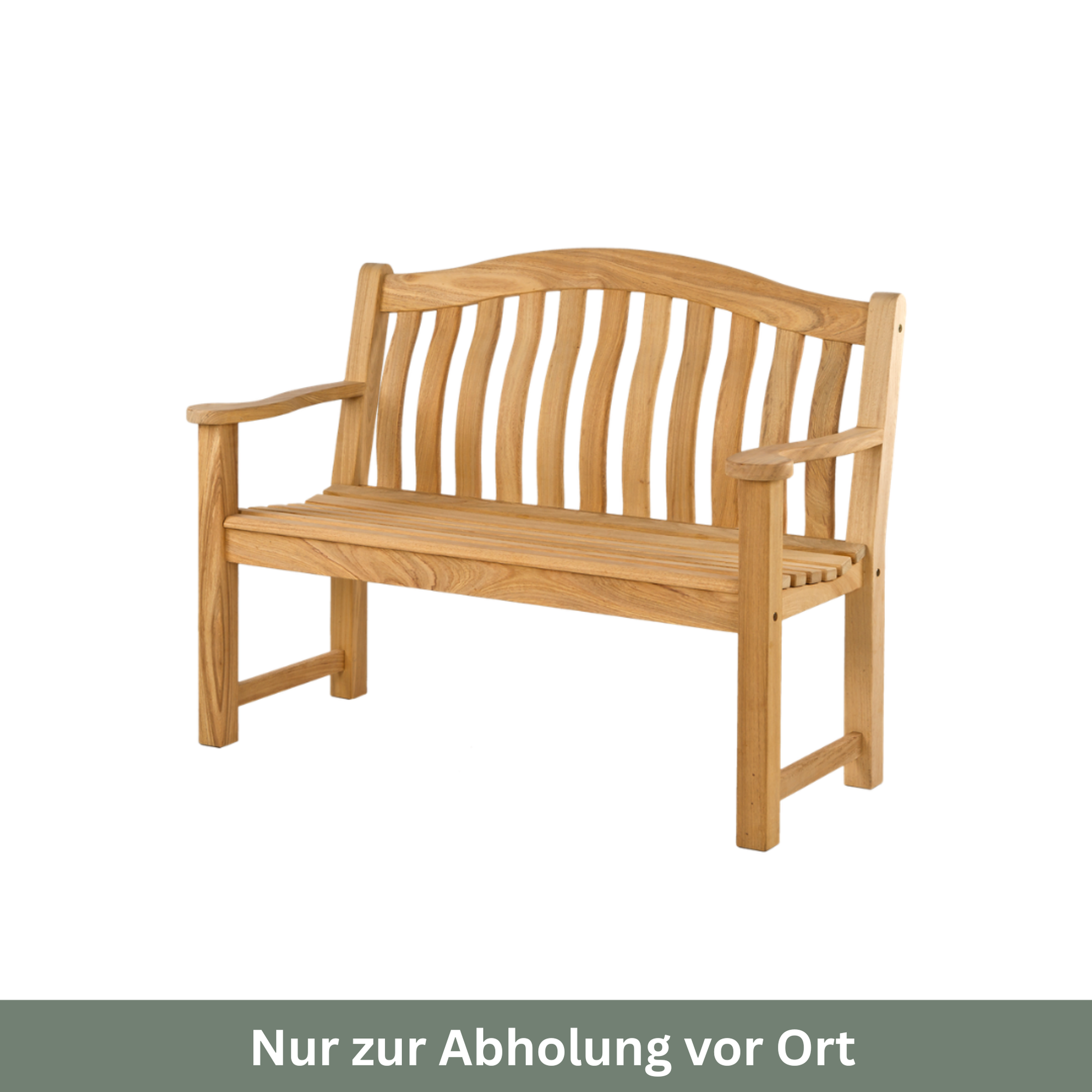 Eine Gartenbank „Roble Wood Turnberry Bench“ von Alexander Rose, 129 cm, mit geschwungener Rückenlehne und Armlehnen, hier in Weiß abgebildet. Darunter ist auf einem grauen Banner der deutsche Schriftzug „Nur zur Abholung vor Ort“ zu lesen.