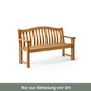 Die Gartenbank „Teak Wood Turnberry Bench“ von Alexander Rose (154 cm) mit geschwungener Rückenlehne und Armlehnen ist vor einem weißen Hintergrund abgebildet. Unterhalb der Bank ist auf einem grünen Banner der Schriftzug „Nur zur Abholung vor Ort“ zu lesen.