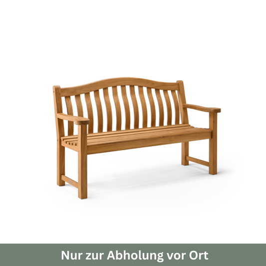 Die Gartenbank „Teak Wood Turnberry Bench“ von Alexander Rose (154 cm) mit geschwungener Rückenlehne und Armlehnen ist vor einem weißen Hintergrund abgebildet. Unterhalb der Bank ist auf einem grünen Banner der Schriftzug „Nur zur Abholung vor Ort“ zu lesen.