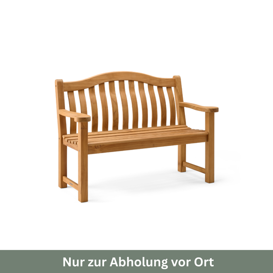 Die Gartenbank „Teak Wood Turnberry Bench“ von Alexander Rose, 129 cm, aus Teakholz mit Armlehnen und einer geschwungenen Lattenlehne, ist vor einem weißen Hintergrund abgebildet. Unten: Nur zur Abholung vor Ort.