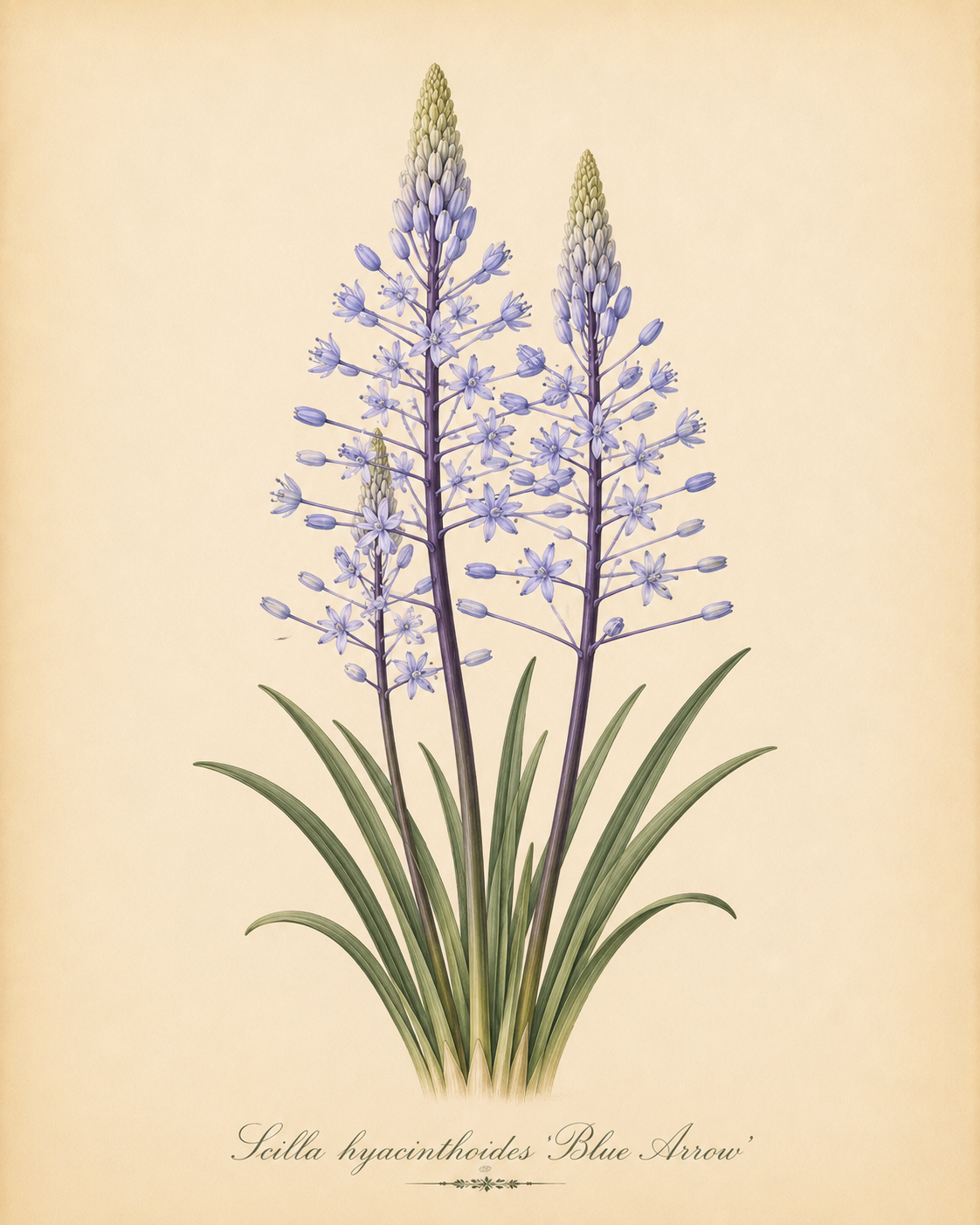 Botanische Illustration von zwei Scilla hyacinthoides ‚Blue Arrow‘ – Hyazinthen-Blaustern-Pflanzen von Verberghe, auch bekannt als Blaustern, mit hohen, spitzen grünen Blättern und pyramidenförmigen Blütenständen – Büschel kleiner, sternförmiger blauer Blüten, die entlang aufrechter, blau-violetter Blütenstiele angeordnet sind – vor einem beigen Hintergrund.