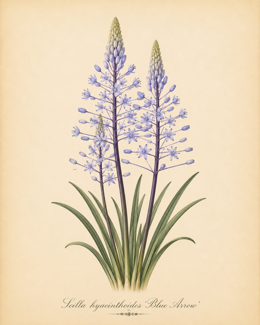 Botanische Illustration von zwei Scilla hyacinthoides ‚Blue Arrow‘ – Hyazinthen-Blaustern-Pflanzen von Verberghe, auch bekannt als Blaustern, mit hohen, spitzen grünen Blättern und pyramidenförmigen Blütenständen – Büschel kleiner, sternförmiger blauer Blüten, die entlang aufrechter, blau-violetter Blütenstiele angeordnet sind – vor einem beigen Hintergrund.