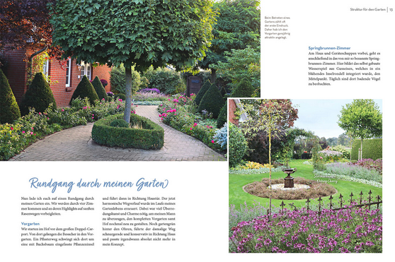 Inspiriert von "Klotzen statt kleckern | Gartengestaltung mit Katrin Iskam" aus dem Kosmos Verlag zeigt dieser malerische Garten gestutzte Sträucher, aufgeräumte Blumenbeete, eine kreisförmige Hecke um einen Baum und einen Springbrunnen in der Nähe von leuchtenden Blüten.