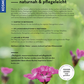 Deutsche Buchrückseite mit dem Titel Der antiautoritäre Garten | Gärten, die sich selbst gestalten vom Kosmos Verlag, mit grünem Hintergrund, Text über nachhaltiges und pflegeleichtes Gärtnern, und zwei rosa Blumen unten links mit dem Kosmos-Logo.
