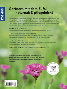 Deutsche Buchrückseite mit dem Titel Der antiautoritäre Garten | Gärten, die sich selbst gestalten vom Kosmos Verlag, mit grünem Hintergrund, Text über nachhaltiges und pflegeleichtes Gärtnern, und zwei rosa Blumen unten links mit dem Kosmos-Logo.