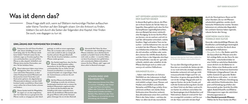 Eine deutsche Magazinseite aus dem Kosmos Verlag mit dem Titel "Bist du noch zu retten? | Pflanzenkrankheiten, schädliche Insekten & Pflegefehler" zeigt Texte, Symbole und ein Foto von einer Person neben einem Hochbeet mit Grünpflanzen.