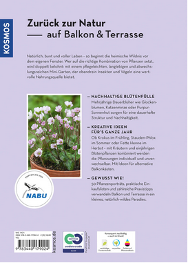 Die Rückseite von Wilde Kübel aus dem Kosmos Verlag zeigt ein Foto von rosa-weißen frostharten Stauden, einen beschreibenden Text, das NABU-Logo und eine Verlagsinformation - die perfekte Inspiration für unkomplizierte, naturnahe und insektenfreundliche Balkonbepflanzung.
