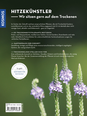 Die Rückseite von Trockenhelden | Naturnah gärtnern ohne gießen aus dem Kosmos Verlag zeigt hohe lila-weiße Blumen und einen deutschen Text über trockenheitsresistente Pflanzen, Tipps für naturnahes Gärtnern und insektenfreundliche Gärten.