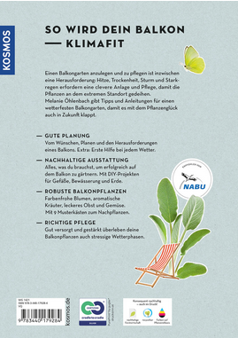 Rückseite des Covers von "Klimahelden auf dem Balkon | Pflanzenglück trotz Hitze, Trockenheit & Starkregen" vom Kosmos Verlag: Balkongarten-Tipps, Schmetterling, Liegestuhl, klimafitte Pflanzen & Logos auf hellgrünem Hintergrund.
