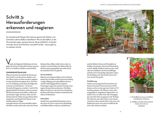 Eine Doppelseite aus dem Kosmos Verlag mit dem Titel "Klimahelden auf dem Balkon" gibt Tipps für den Umgang mit Herausforderungen wie Hitze, Trockenheit und Starkregen und zeigt einen üppigen Balkon voller klimafitter Pflanzen und leuchtender Blumen.