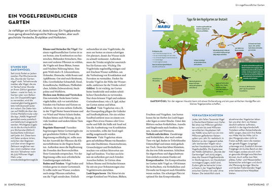 Doppelseite aus Das NABU-Vogelbuch vom Kosmos Verlag: linke Seite mit deutschem Text zur Anlage vogelfreundlicher Gärten, rechte Seite mit illustriertem Leitfaden mit Tipps zu Futterstellen, Wasser, Schutzgebieten und Vogelarten Deutschlands.