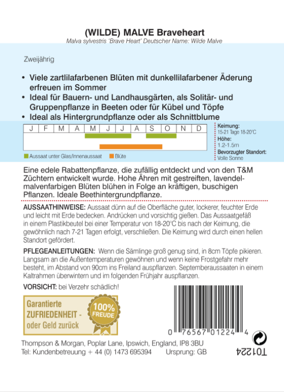 Thompson und Morgan Wilde Malve Brave Heart Saatgut mit Anzuchtanleitung, Aussaat- & Blütezeiten, Pflanzensymbolen, Pflegetipps und Gütesiegel auf Deutsch - ideal für Ihren Landhausgarten. Farbbalken zeigen Aussaat- und Blühphasen.