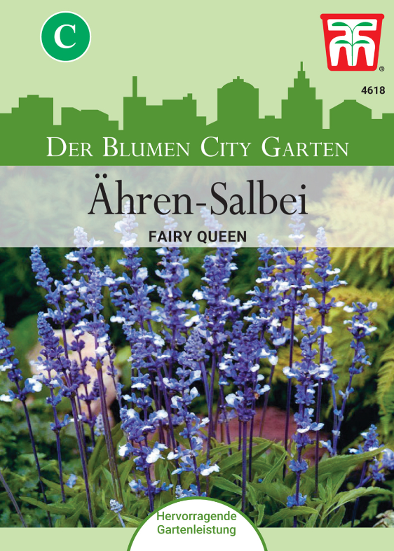 Eine Thompson und Morgan | Ähren Salbei Fairy Queen Samenpackung von Thompson & Morgan, die blau und weiß blühende Salviablüten mit sattgrünem Laub im Hintergrund zeigt.