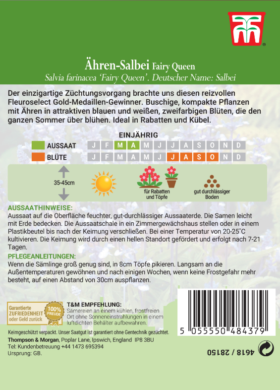 Rückseite der Saatgutpackung Thompson & Morgan | Ähren Salbei Fairy Queen von Thompson und Morgan mit Pflanz-, Blüh- und Pflegetipps in deutscher Sprache. Mit Blütenpracht und einem Kalender für Aussaat- und Blütezeiten.